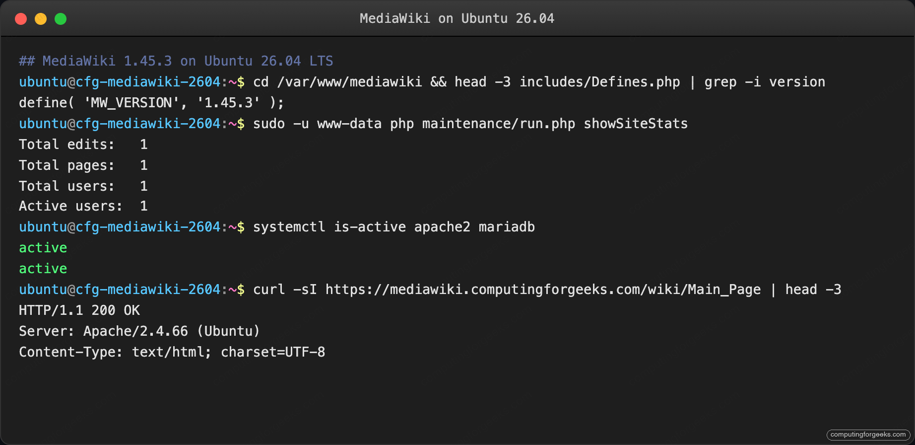 MediaWiki CLI version and service status on Ubuntu 26.04