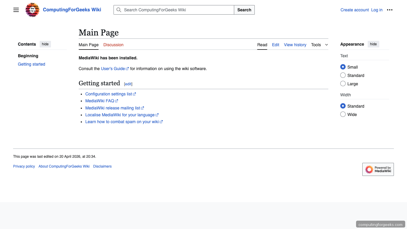 MediaWiki Main Page on fresh install on Ubuntu 26.04