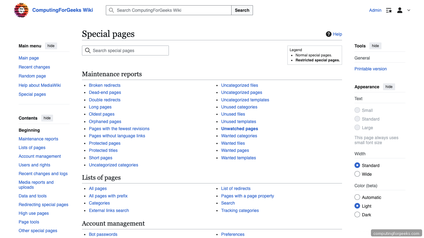 MediaWiki Special Pages index on Ubuntu 26.04