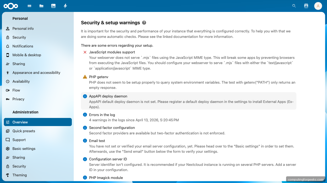 Nextcloud Admin Overview Security Scan on Ubuntu 26.04