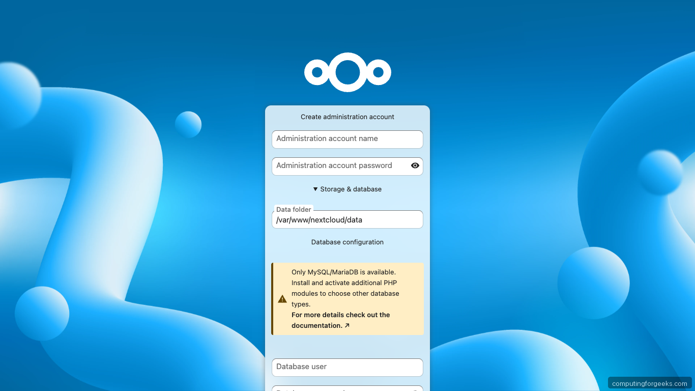 Nextcloud Web Installer Admin and Database Setup on Ubuntu 26.04