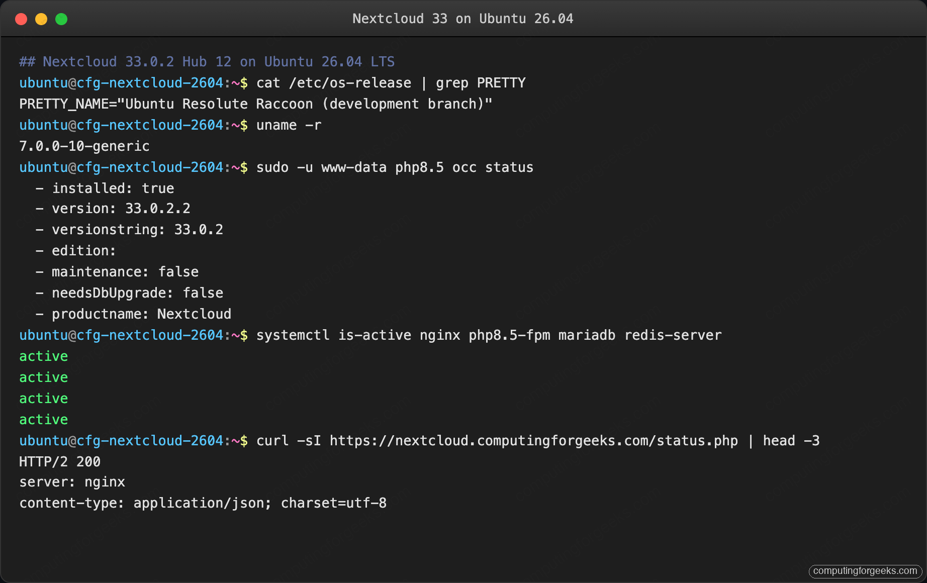 Nextcloud occ status and service check on Ubuntu 26.04