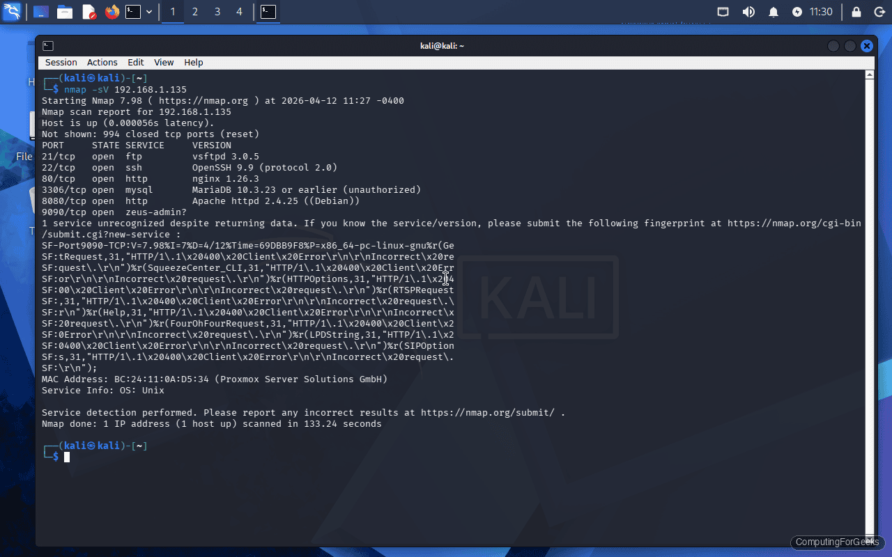 Nmap on Kali Linux: Network Scanning Guide 1 Nmap service version detection scan output on Kali Linux terminal showing open ports