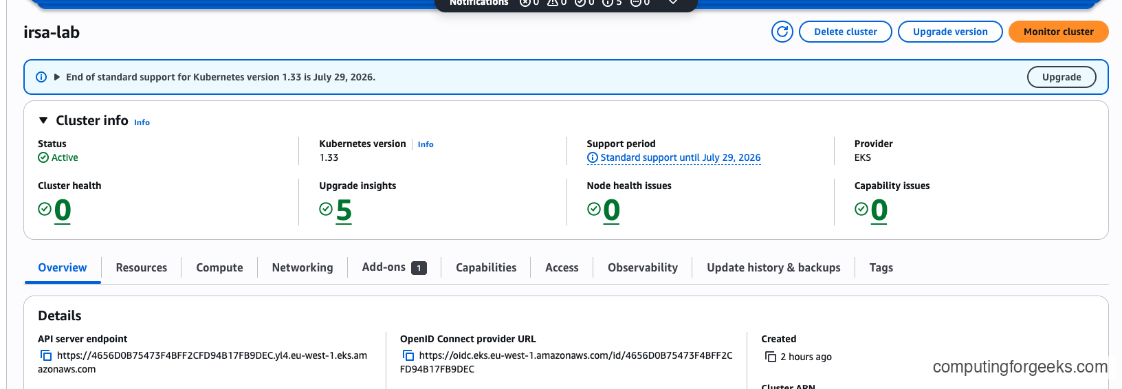 AWS EKS console showing the OpenID Connect provider URL for an EKS cluster under Cluster info Overview Details