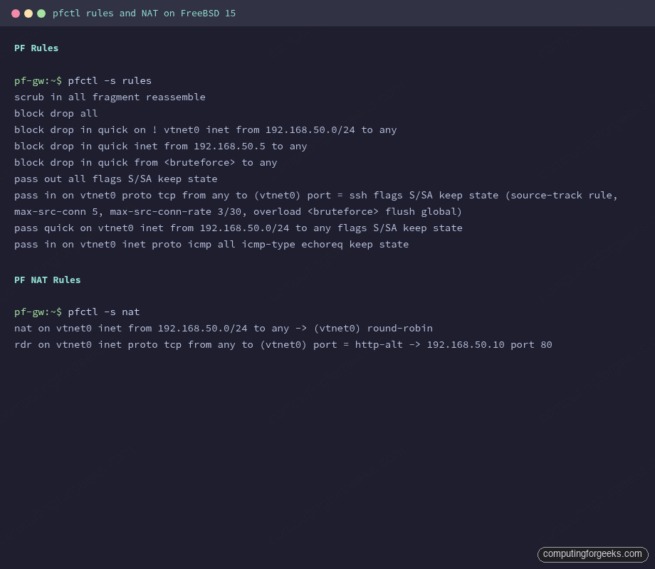 pfctl -s rules and pfctl -s nat output on FreeBSD 15 showing compiled PF ruleset with NAT