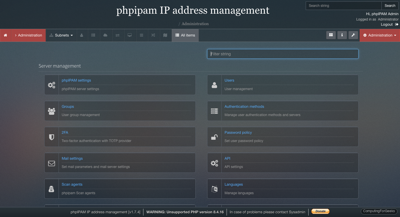 phpIPAM server administration panel