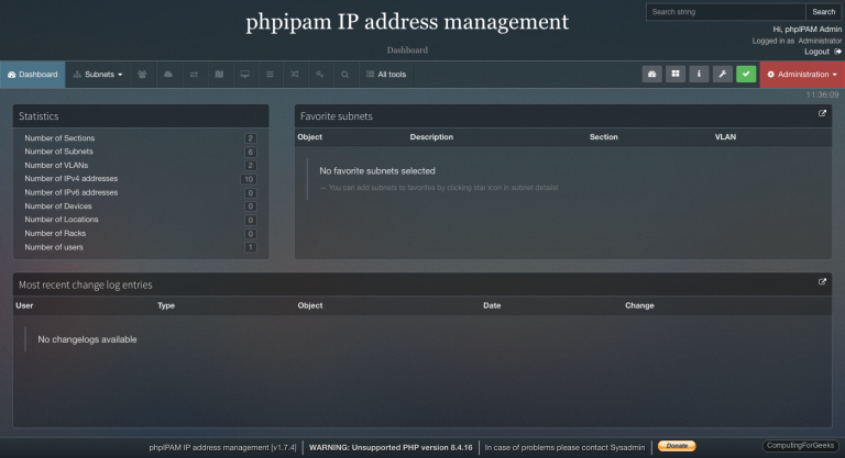 phpIPAM dashboard with statistics