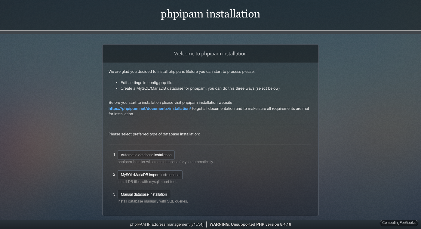 phpIPAM database installation options