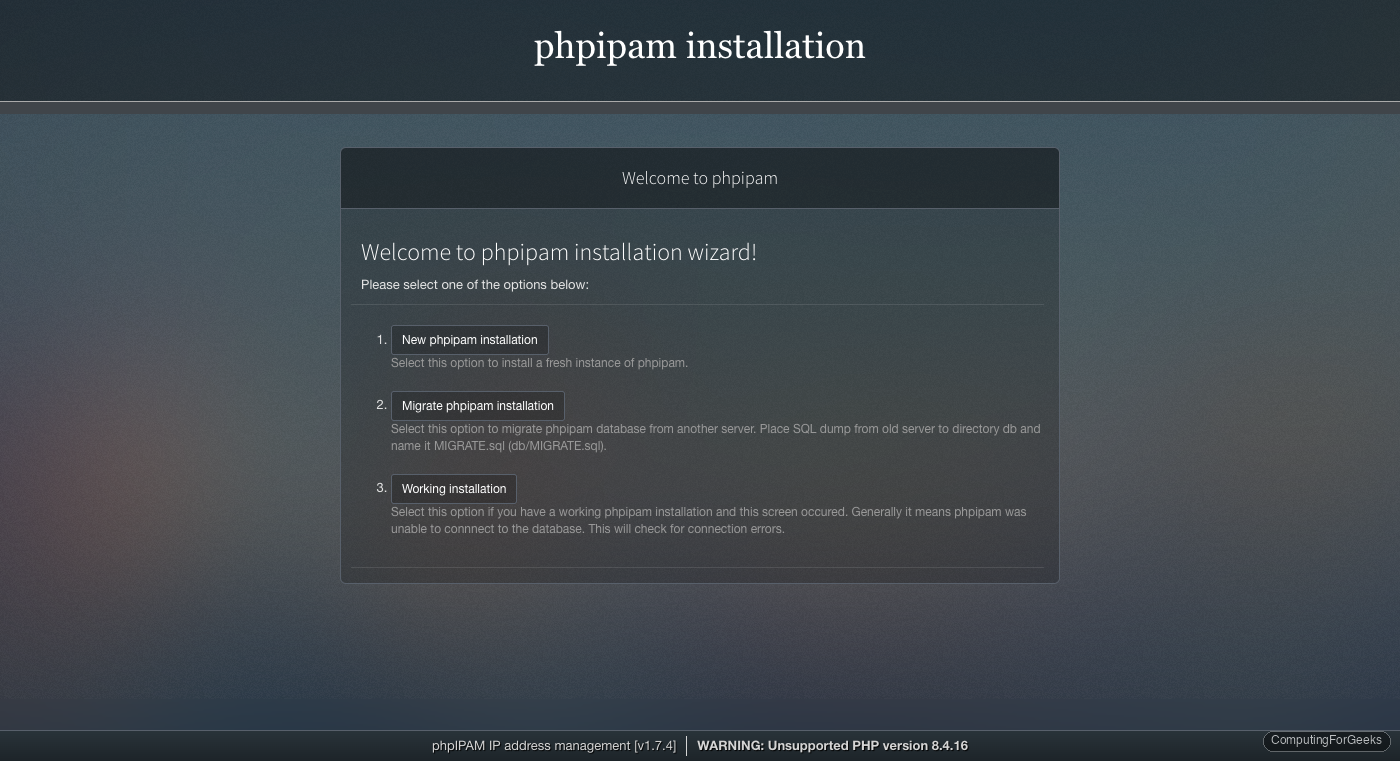 phpIPAM installation welcome page on Debian 13