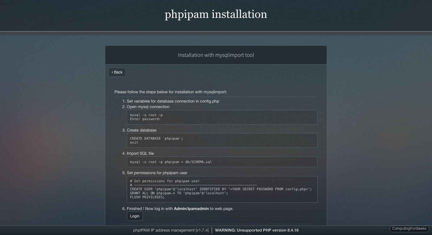 phpIPAM MySQL MariaDB import instructions