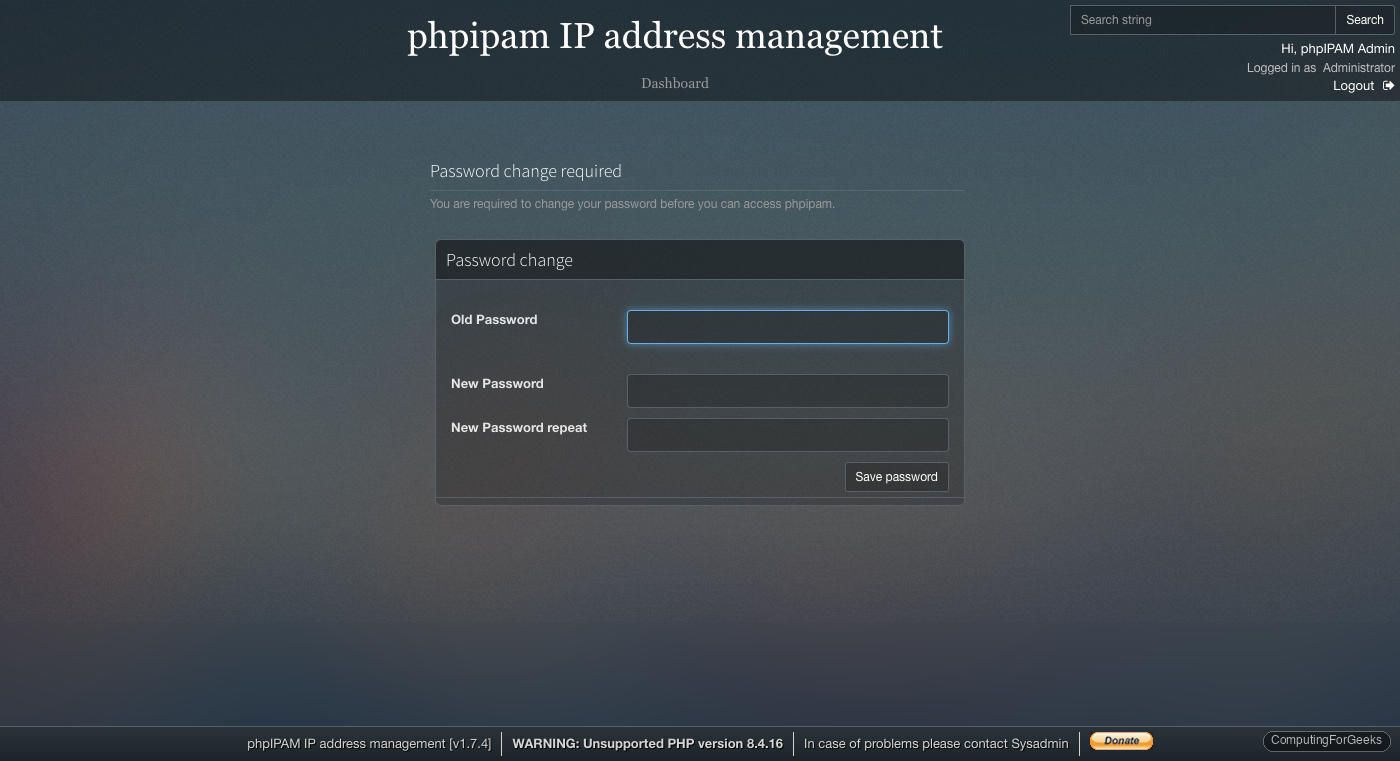 phpIPAM admin password change prompt
