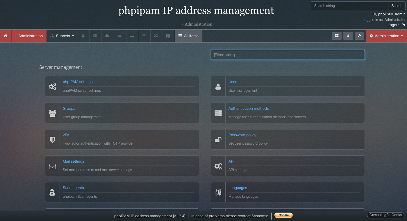 phpIPAM administration panel showing system settings