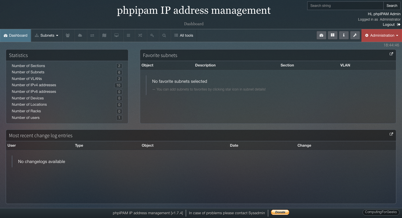 phpIPAM dashboard on Rocky Linux 10 showing subnet overview