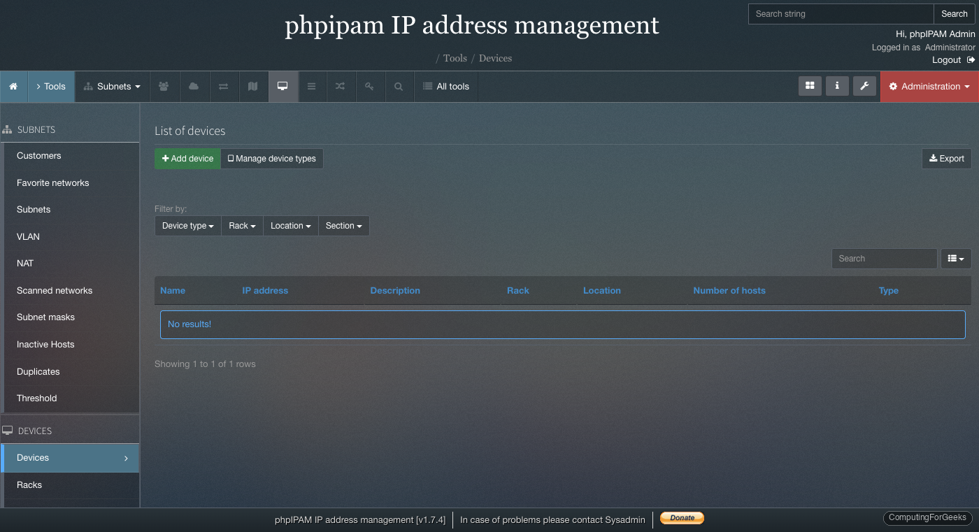 phpIPAM device management page on Rocky Linux