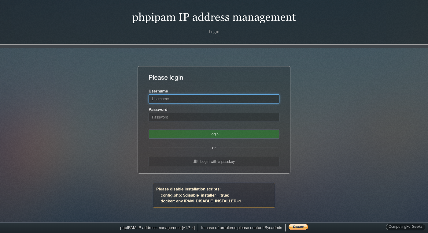 phpIPAM login page on Rocky Linux 10 with HTTPS