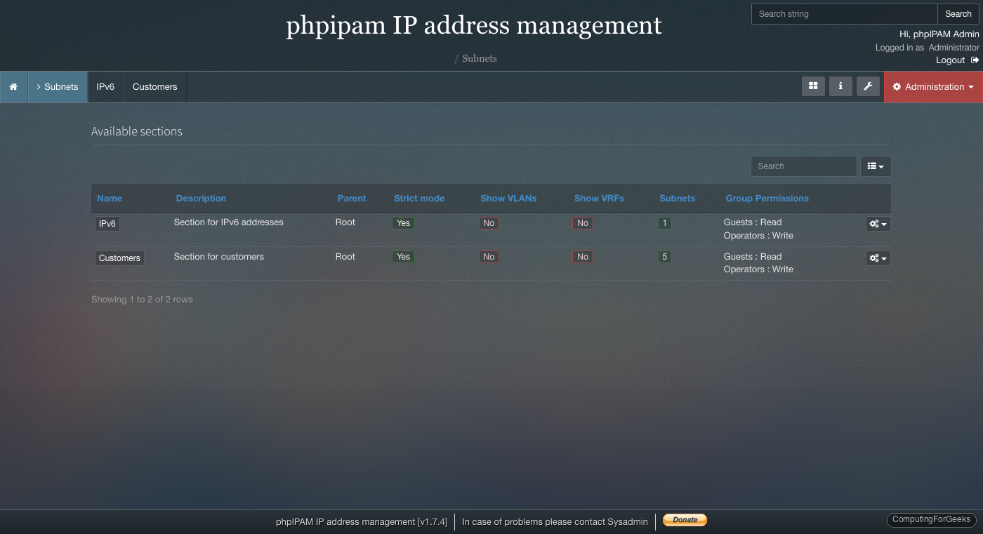 phpIPAM subnet management interface showing IP address allocation