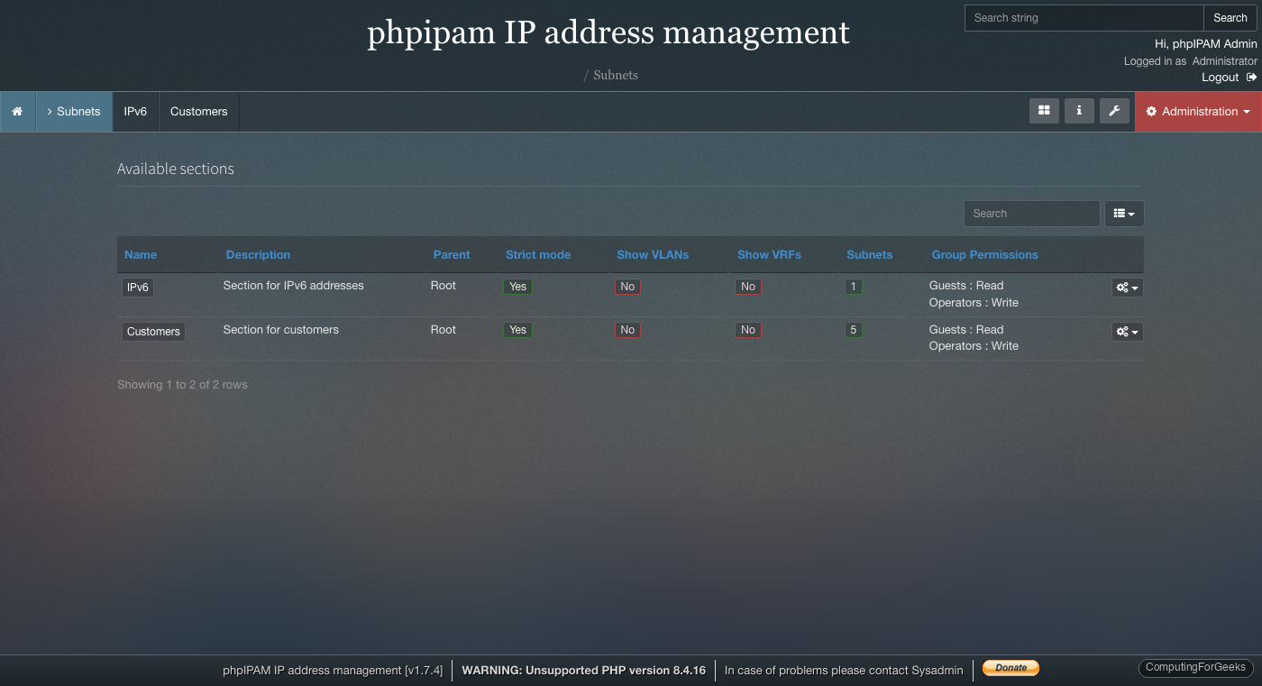 phpIPAM subnet management page