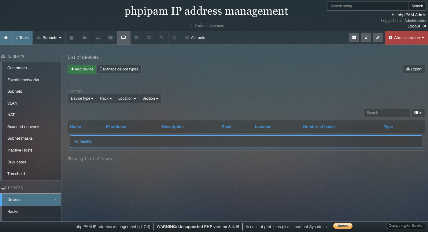 phpIPAM tools and devices management