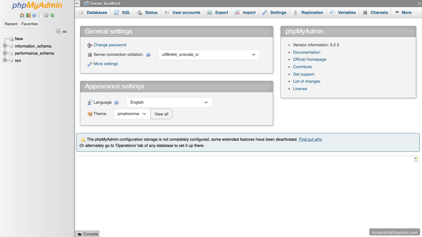 phpMyAdmin Dashboard with Databases on Ubuntu 26.04