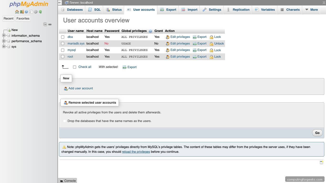 phpMyAdmin User Accounts and Privileges on Ubuntu 26.04