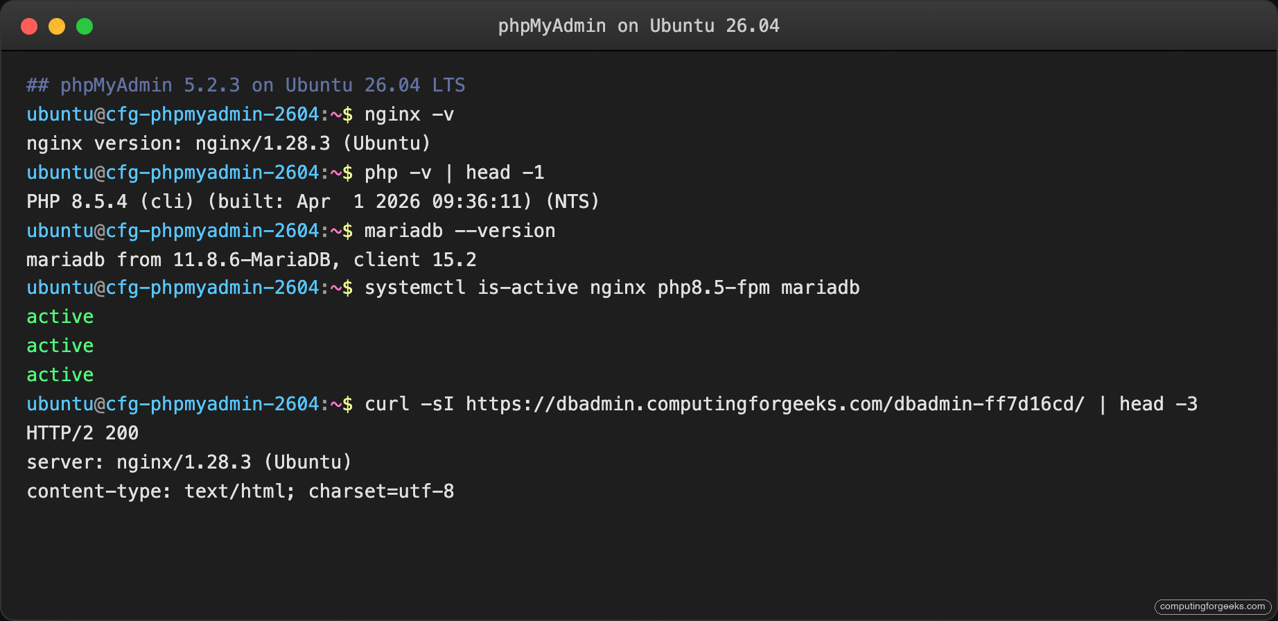 phpMyAdmin terminal version and service status on Ubuntu 26.04
