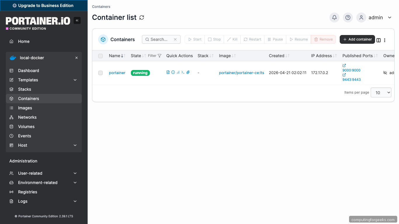 Portainer Containers List on Ubuntu 26.04