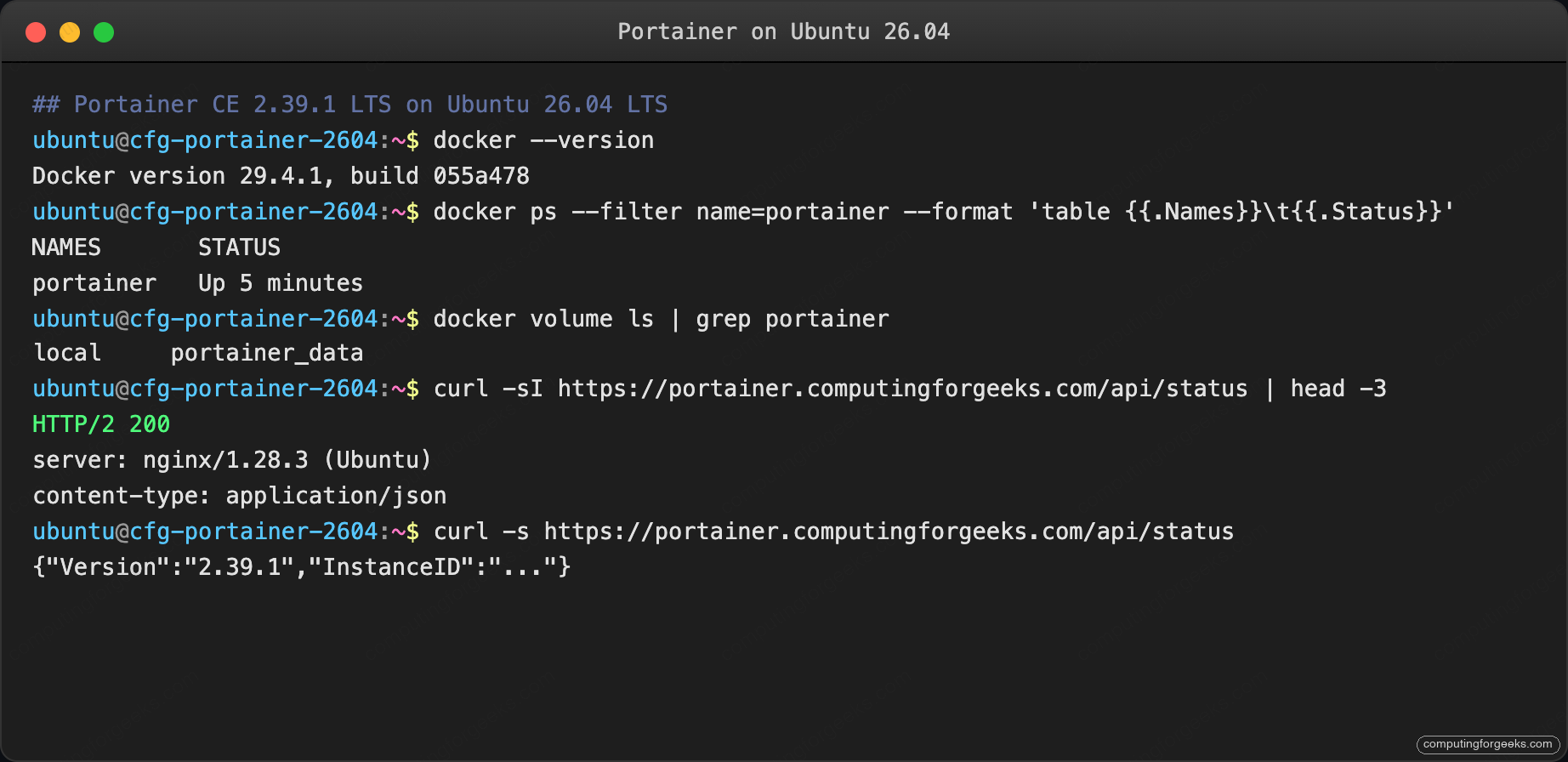 Portainer Docker status on Ubuntu 26.04