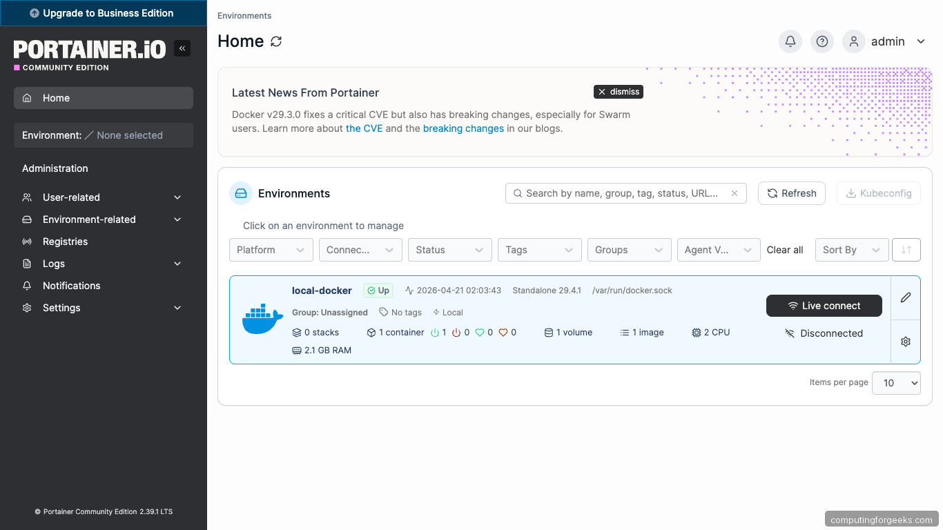 Portainer Local Docker Environment on Ubuntu 26.04