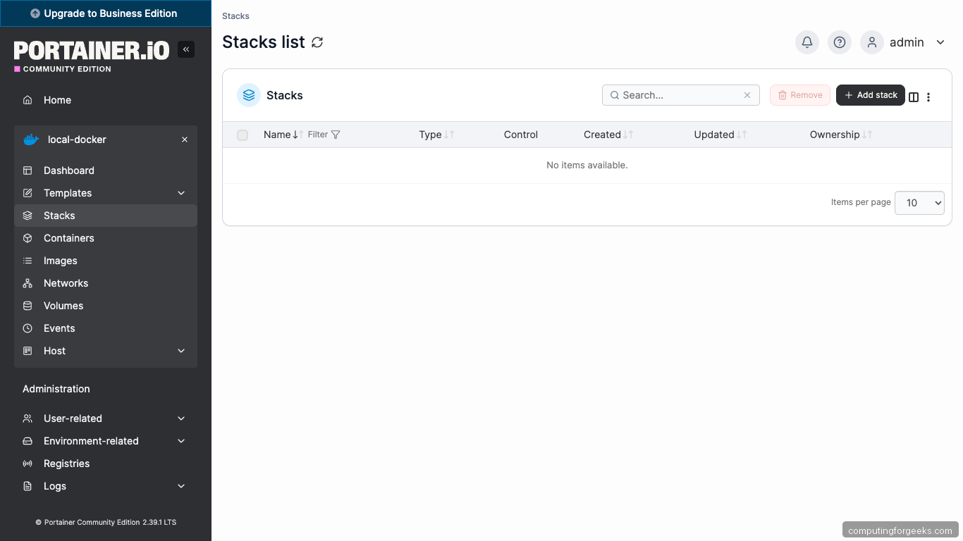 Portainer Stacks List on Ubuntu 26.04