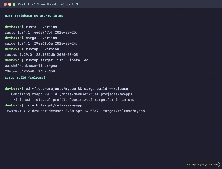 Install Rust on Ubuntu 26.04 LTS (rustup + cargo) 1 Rust version, cargo version, and release build output on Ubuntu 26.04 LTS