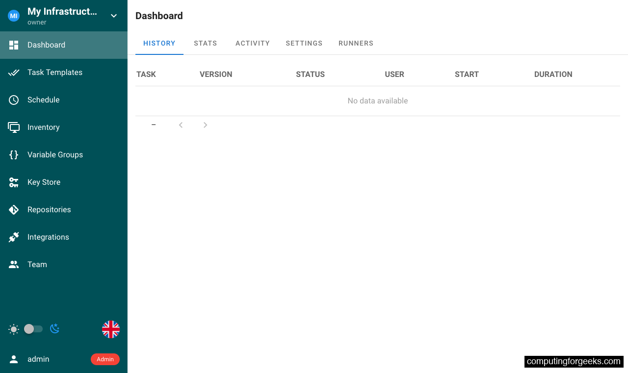 Semaphore Ansible UI project dashboard with sidebar navigation