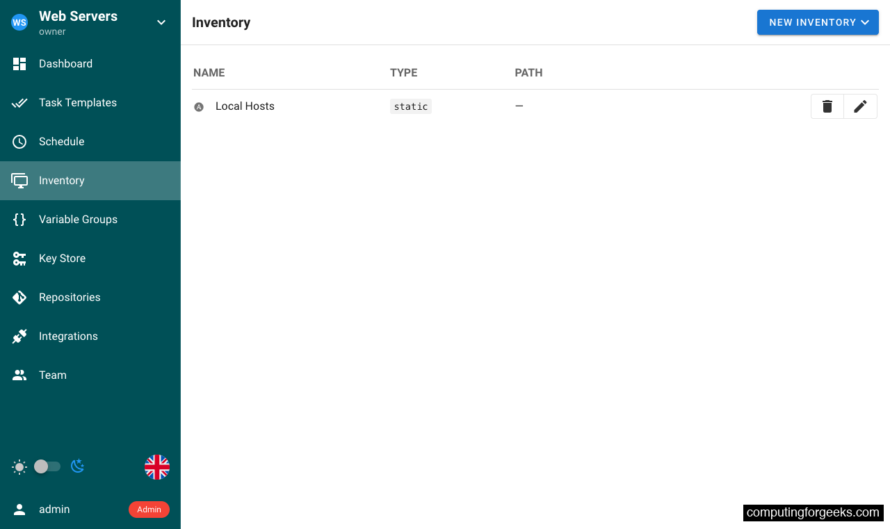 Semaphore inventory page with host groups