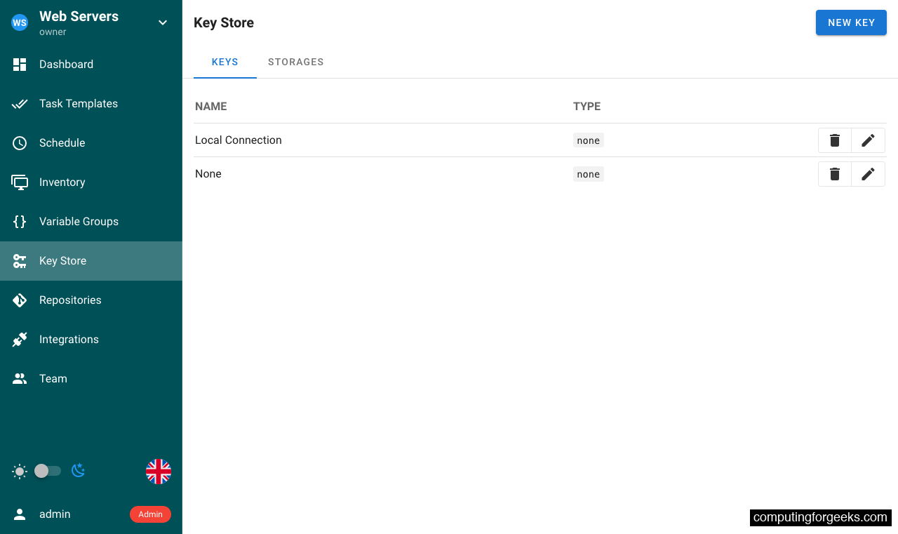 Semaphore key store for managing SSH keys and credentials