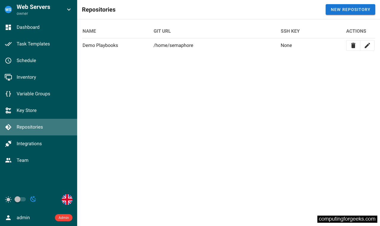 Semaphore repositories page showing Git repository configuration