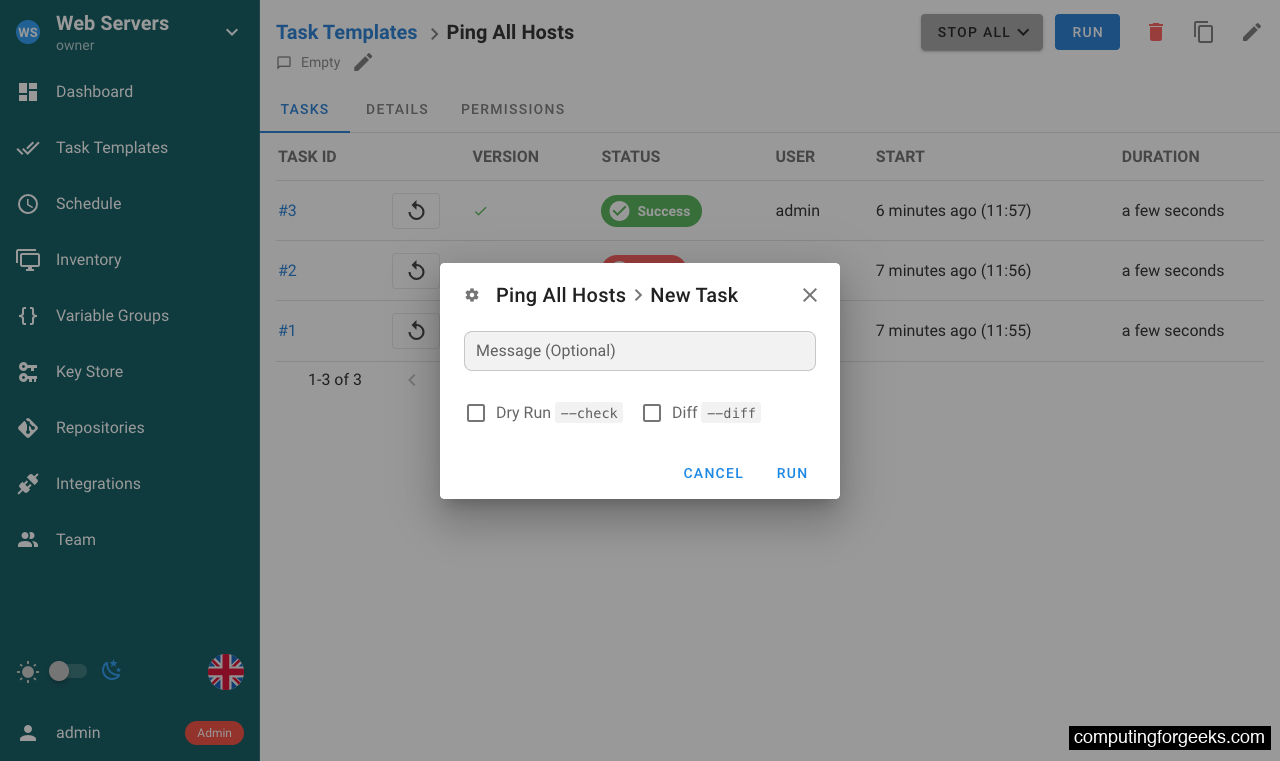 Semaphore new task run dialog with options