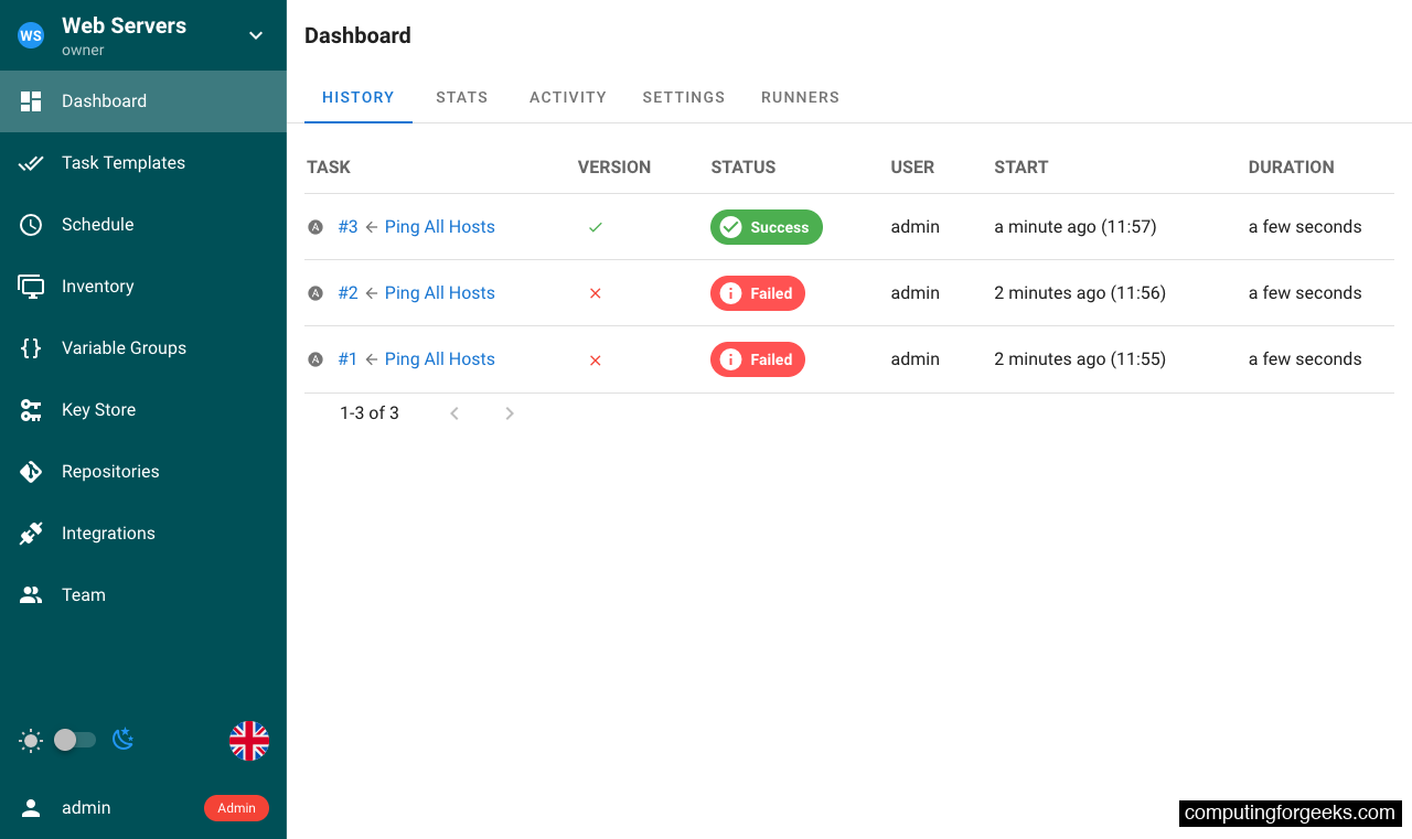 Semaphore Docker dashboard showing task execution history