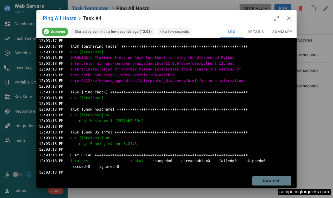 Semaphore task output showing Ansible playbook execution results