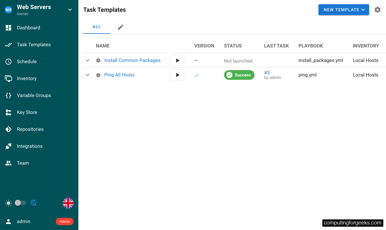 Semaphore task templates with playbook configurations