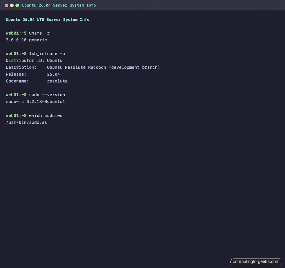 Ubuntu 26.04 Server System Info: kernel 7.0, sudo-rs