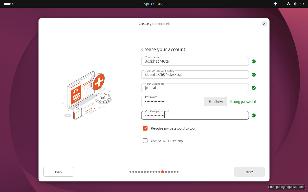 Ubuntu 26.04 installer create user account filled in