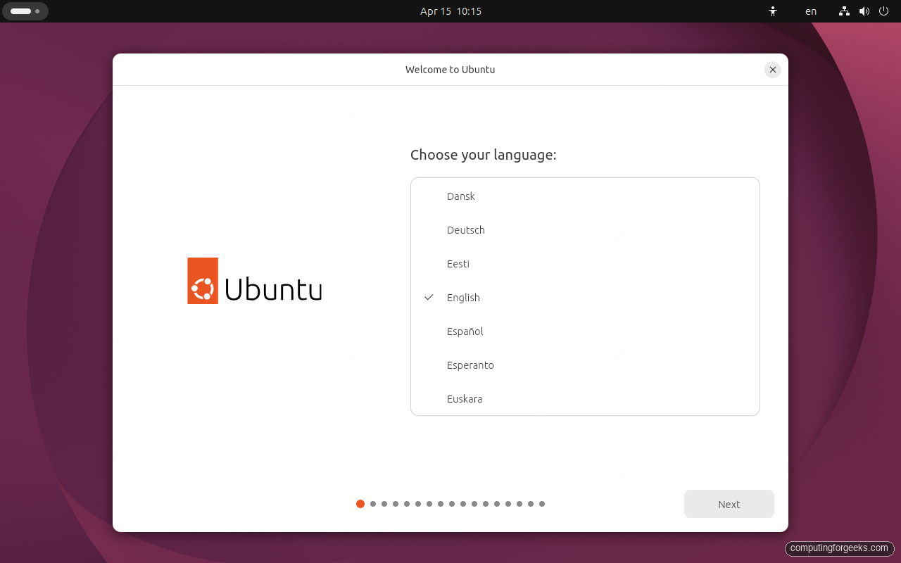 Ubuntu 26.04 installer welcome and language selection screen