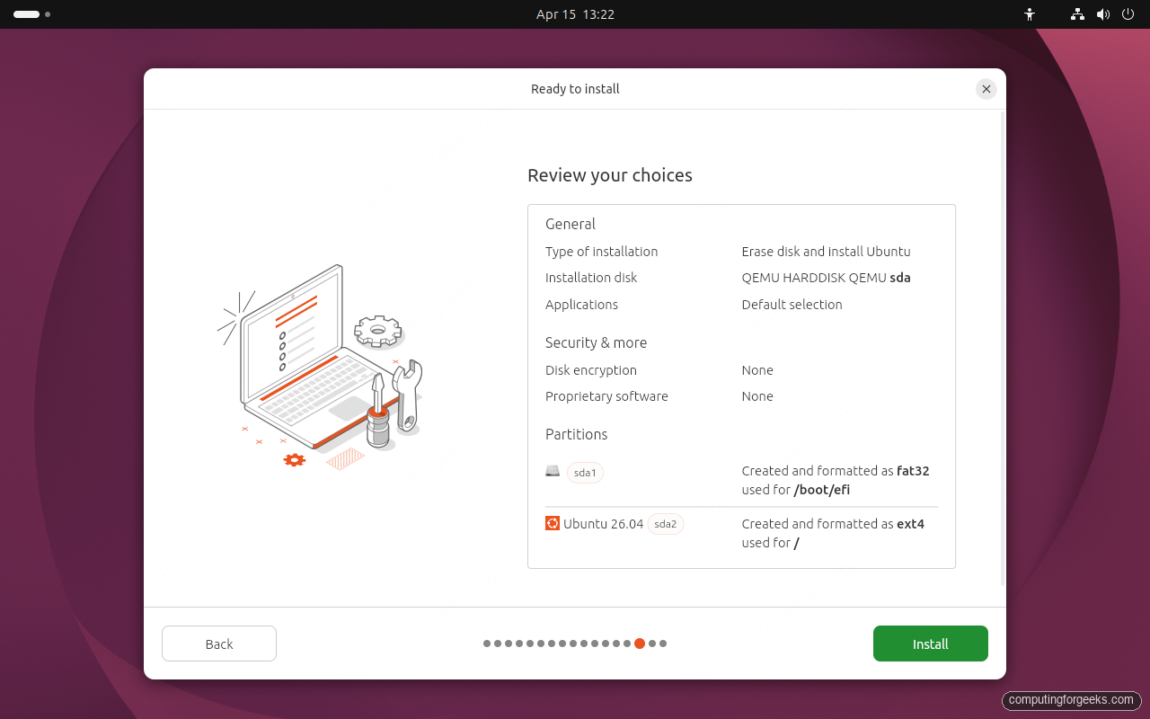 Ubuntu 26.04 installer ready to install review summary