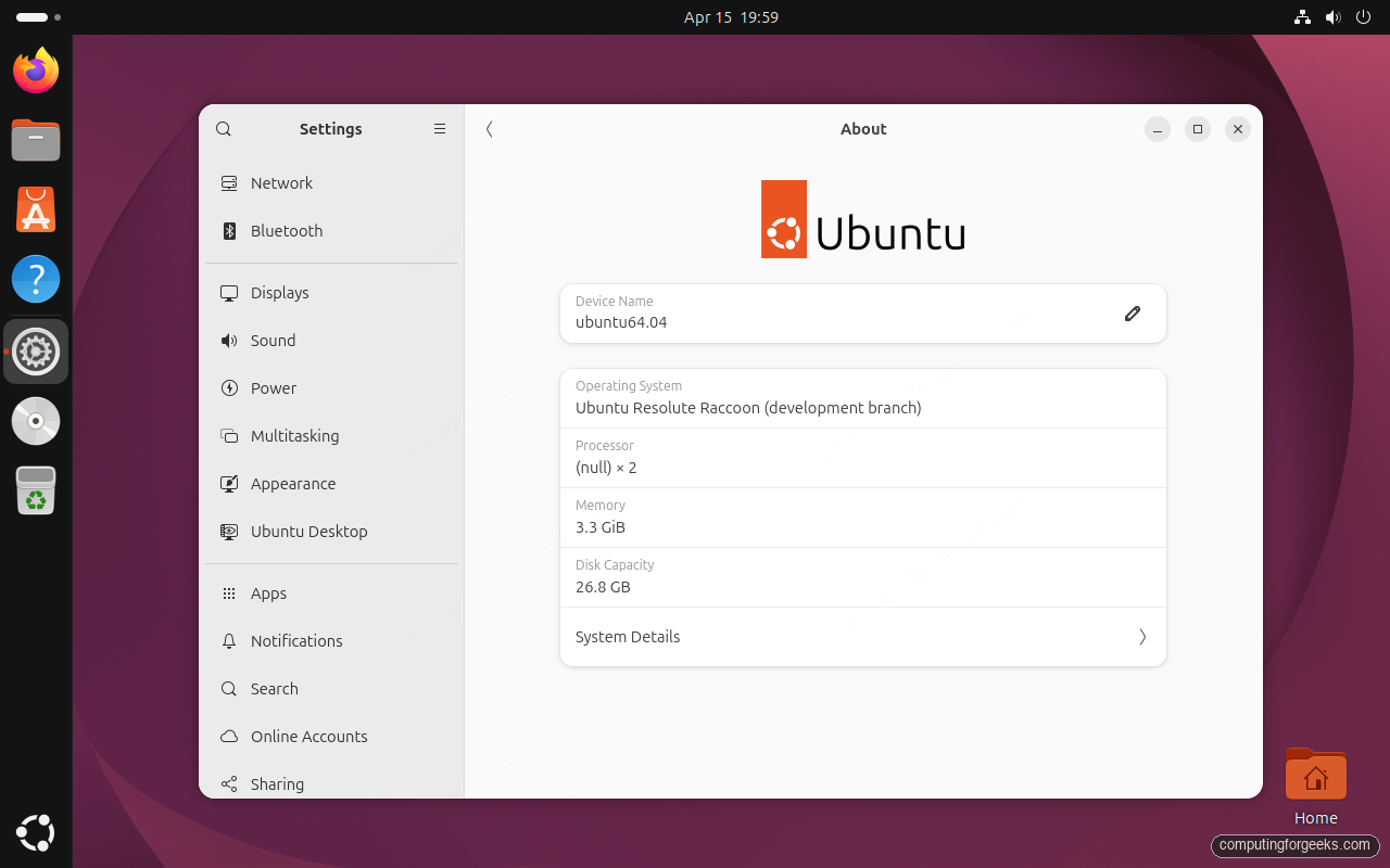 Ubuntu 26.04 Settings About panel showing Resolute Raccoon