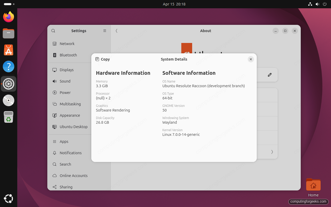 Ubuntu 26.04 System Details kernel 7.0 Wayland