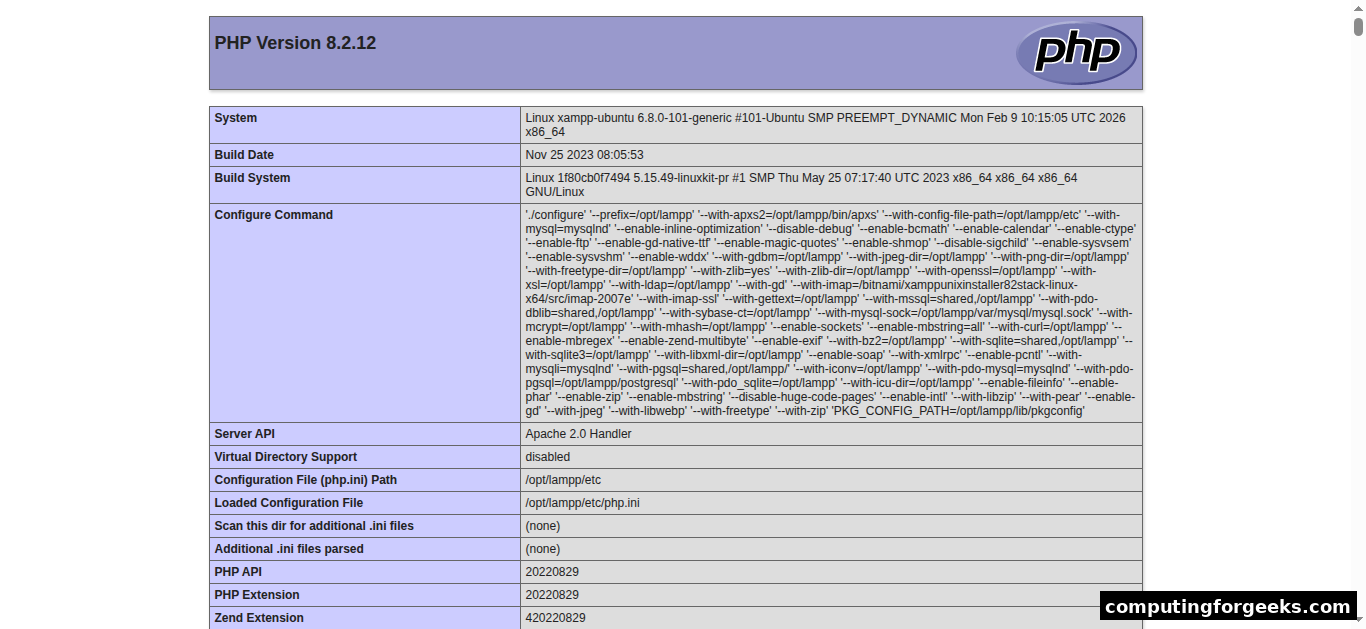 PHP Info page on XAMPP
