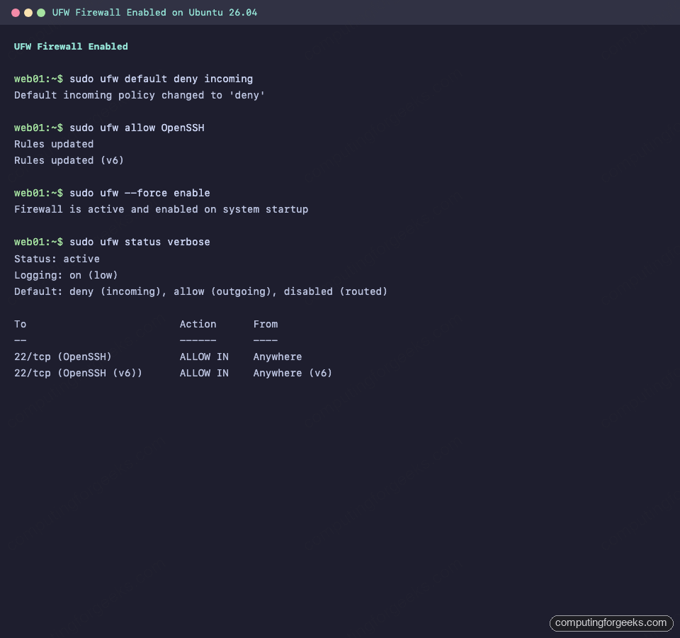 Ubuntu 26.04 Server UFW Firewall Enabled