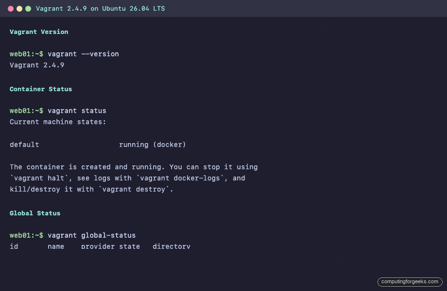 Install Vagrant on Ubuntu 26.04 LTS 1 Vagrant 2.4.9 version and status on Ubuntu 26.04 LTS