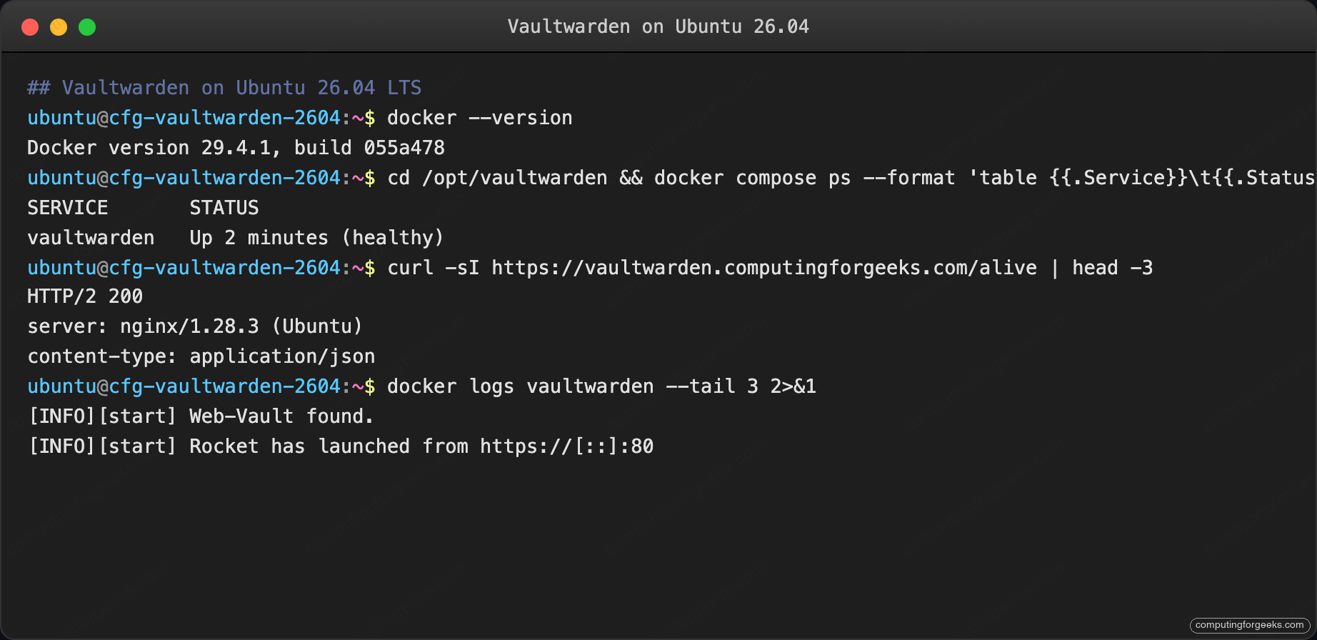 Vaultwarden docker compose ps and service status on Ubuntu 26.04