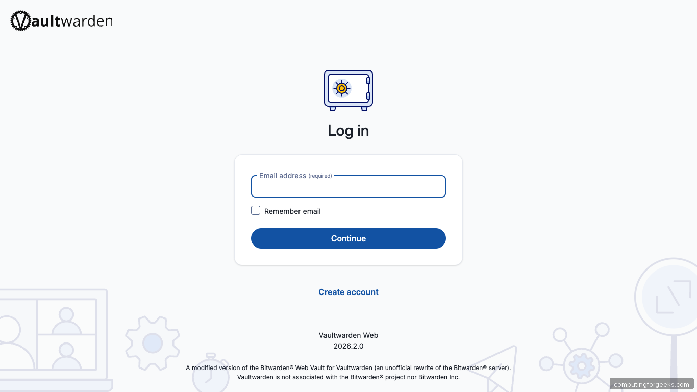 Vaultwarden Login Page on Ubuntu 26.04