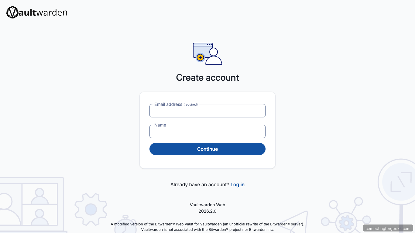 Vaultwarden Web Vault Create Account on Ubuntu 26.04